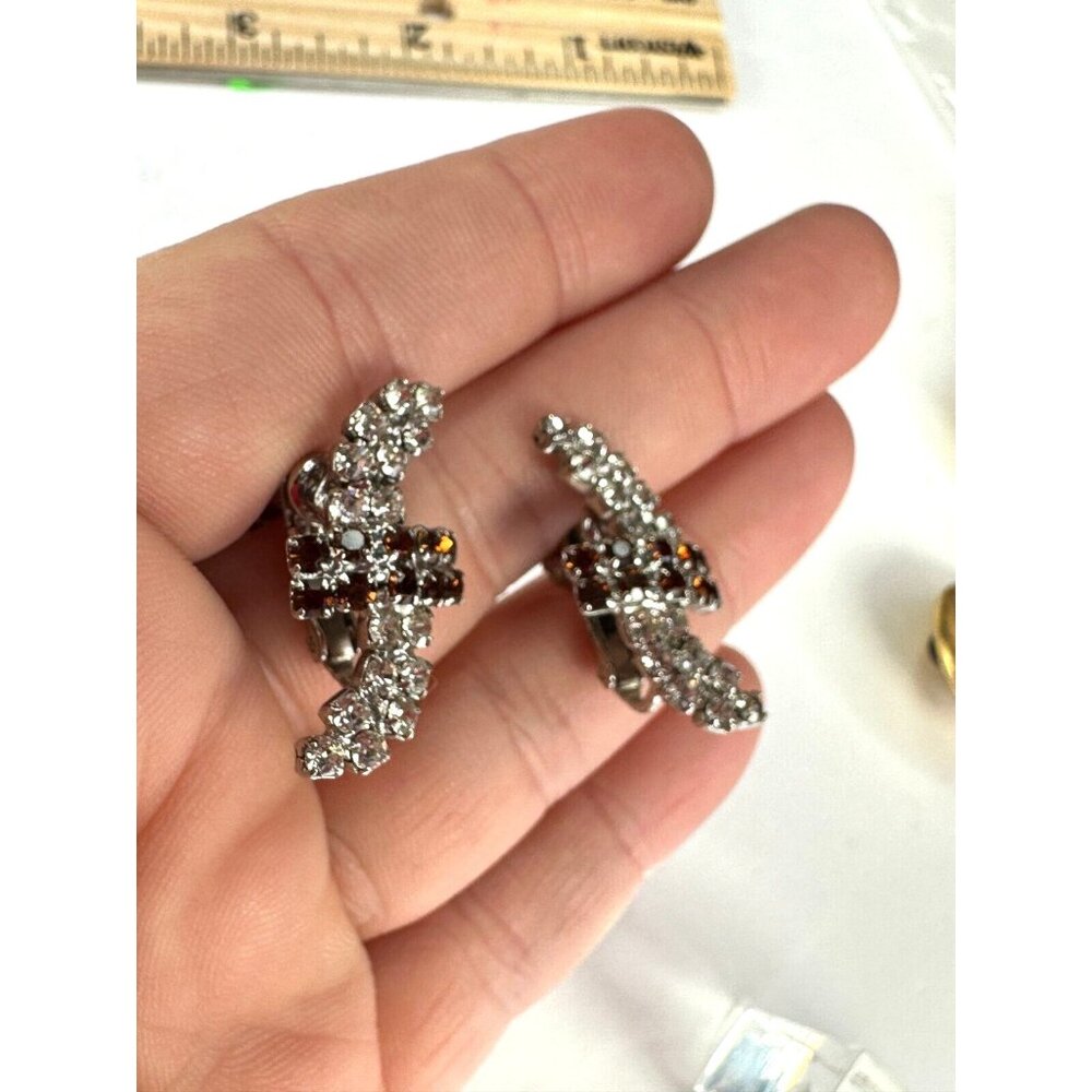 Vintage Clip On Earrings Hobe  Rhinestone Brown Clear Serpentine Screw  Signed